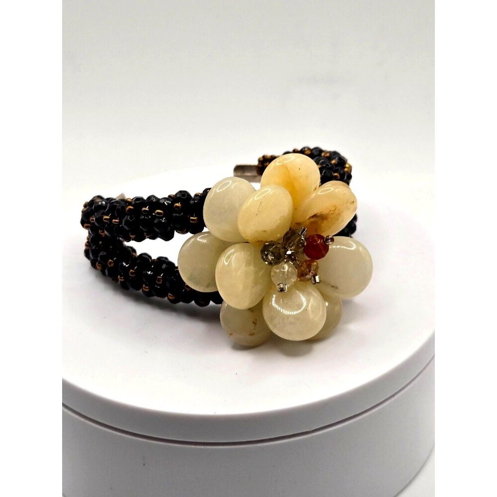 Vintage Quartz Gemstone Crystal Beaded Floral Cuff Bracelet Jet and Brass